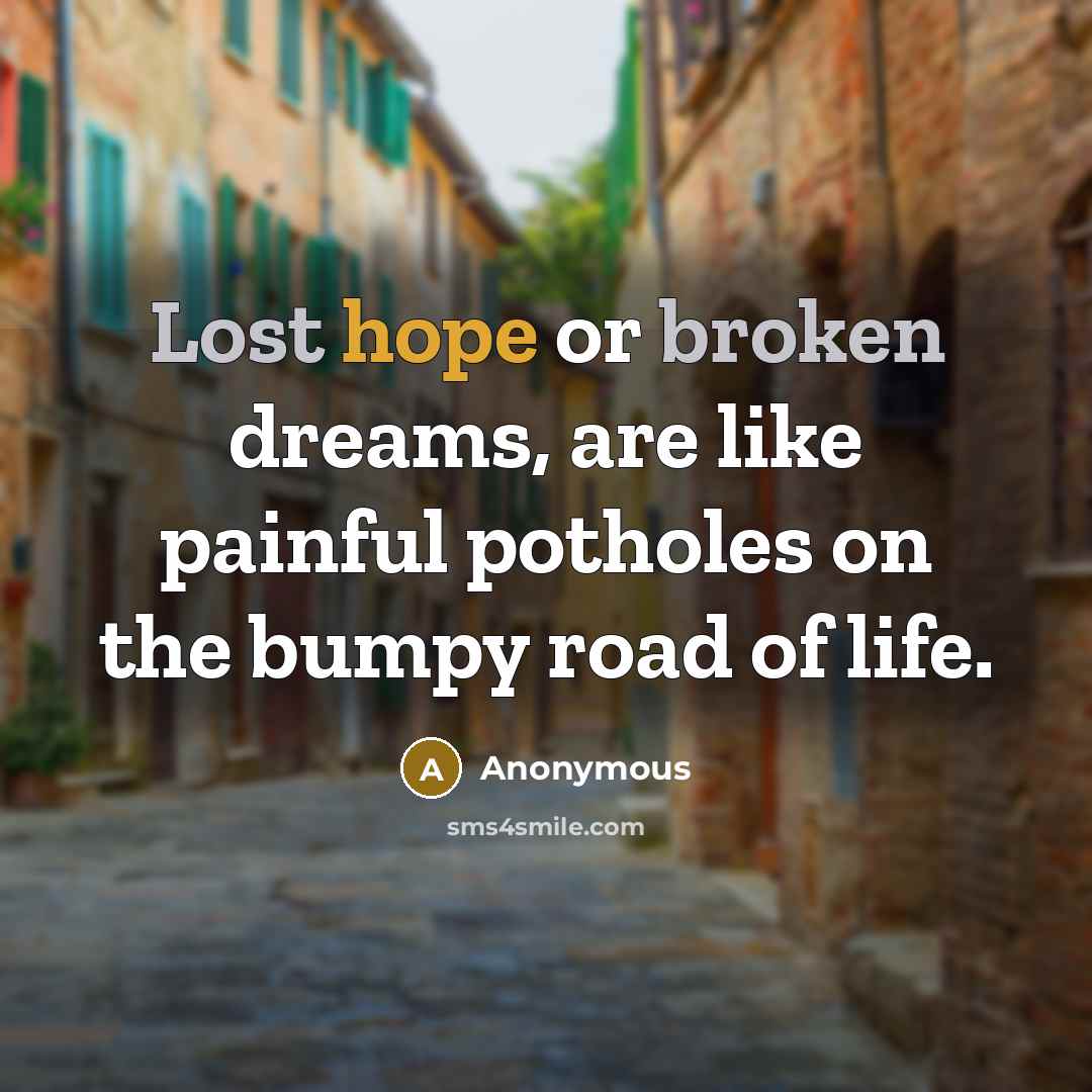 “Lost hope or broken dreams, are like painful potholes on the bumpy road of life.” quote by Anonymous