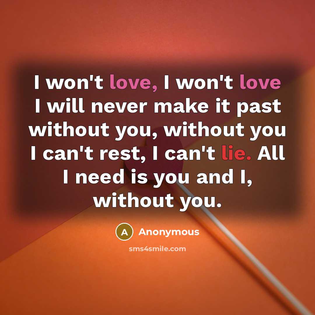“I won't love, I won't love I will never make it past without you, without you I can't rest, I can't lie. All I need is you and I, without you.” quote by Anonymous