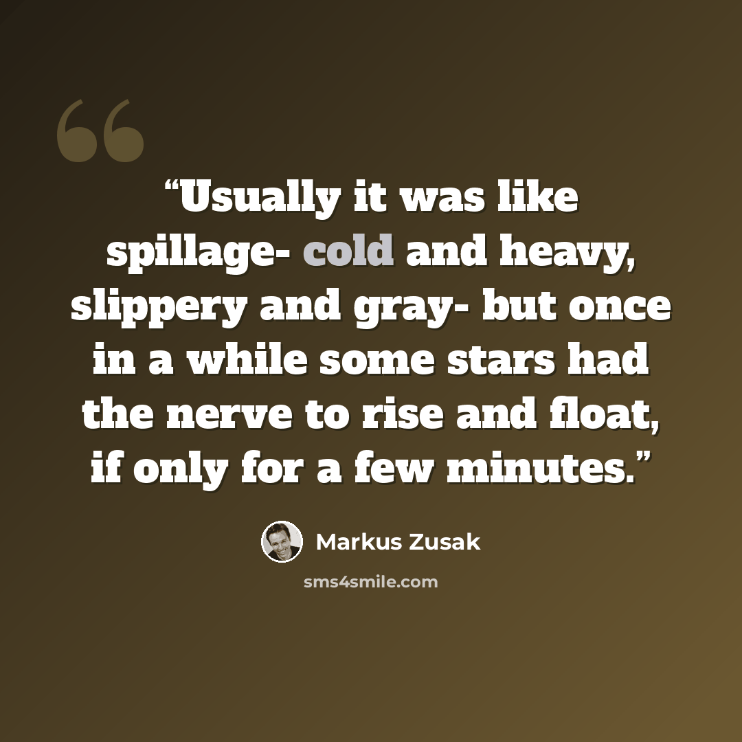 “Usually it was like spillage- cold and heavy, slippery and gray- but once in a while some stars had the nerve to rise and float, if only for a few minutes.” quote by Markus Zusak