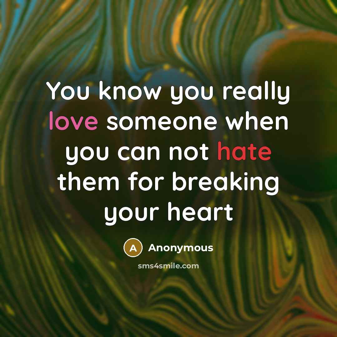 “You know you really love someone when you can not hate them for breaking your heart” quote by Anonymous