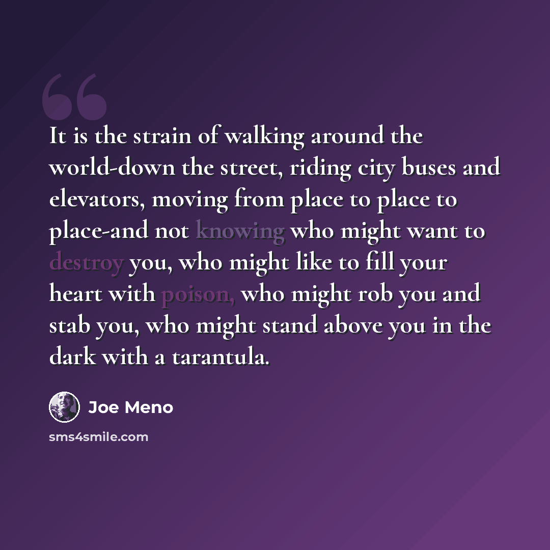 “It is the strain of walking around the world-down the street, riding city buses and elevators, moving from place to place to place-and not knowing who might want to destroy you, who might like to fill your heart with poison, who might rob you and stab you, who might stand above you in the dark…” quote by Joe Meno