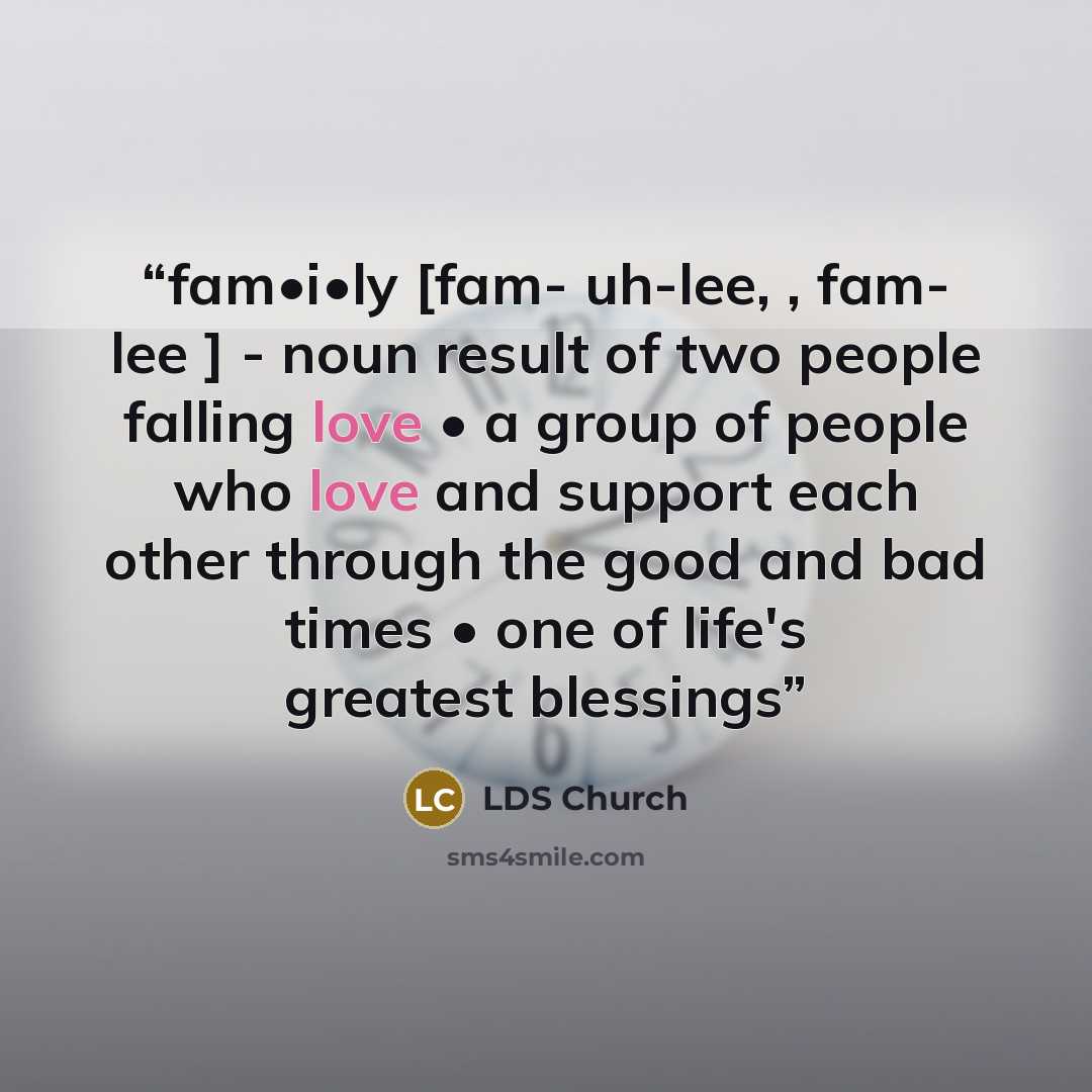 “fam•i•ly [fam- uh-lee, , fam- lee ] - noun result of two people falling love • a group of people who love and support each other through the good and bad times • one of life's greatest blessings” quote by LDS Church
