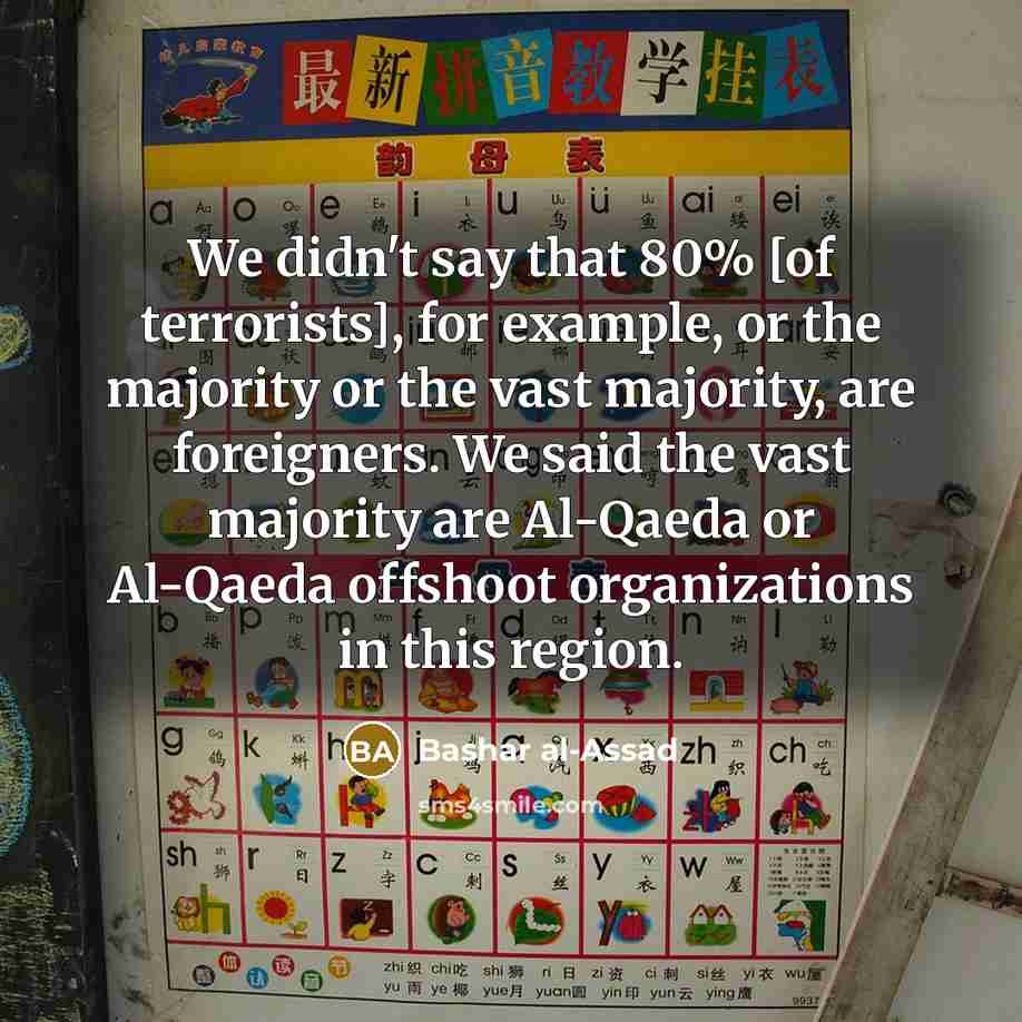 “We didn't say that 80% [of terrorists], for example, or the majority or the vast majority, are foreigners. We said the vast majority are Al-Qaeda or Al-Qaeda offshoot organizations in this region.” quote by Bashar al-Assad