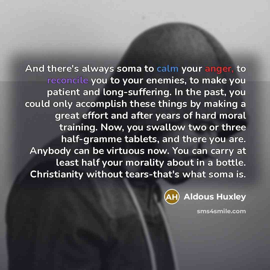 “And there's always soma to calm your anger, to reconcile you to your enemies, to make you patient and long-suffering. In the past, you could only accomplish these things by making a great effort and after years of hard moral training. Now, you swallow two or three half-gramme tablets, and there…” quote by Aldous Huxley