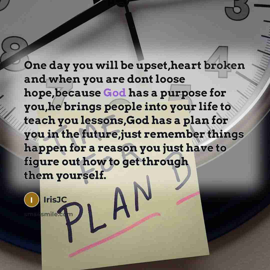 “One day you will be upset,heart broken and when you are dont loose hope,because God has a purpose for you,he brings people into your life to teach you lessons,God has a plan for you in the future,just remember things happen for a reason you just have to figure out how to get through them yourself.” quote by IrisJC