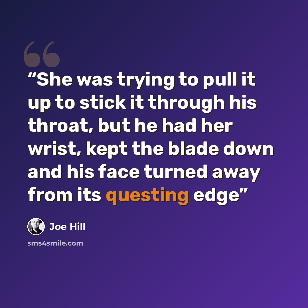 “She was trying to pull it up to stick it through his throat, but he had her wrist, kept the blade down and his face turned away from its questing edge” quote by Joe Hill