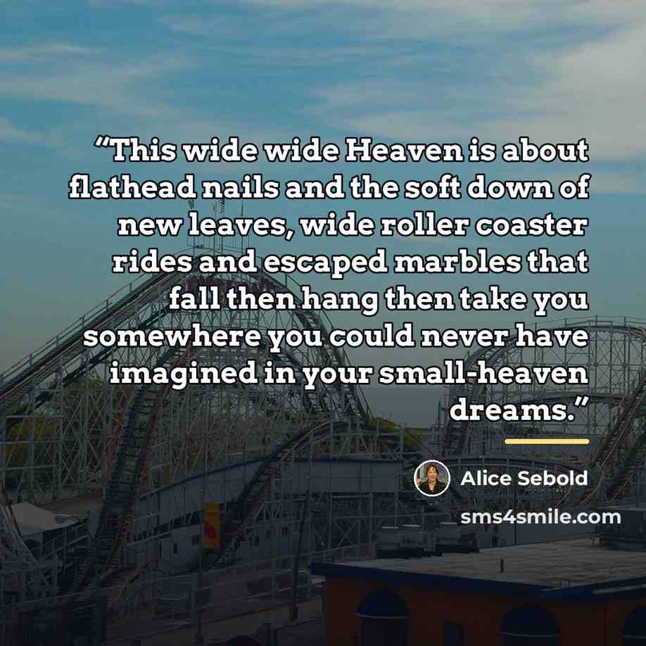 “This wide wide Heaven is about flathead nails and the soft down of new leaves, wide roller coaster rides and escaped marbles that fall then hang then take you somewhere you could never have imagined in your small-heaven dreams.” quote by Alice Sebold