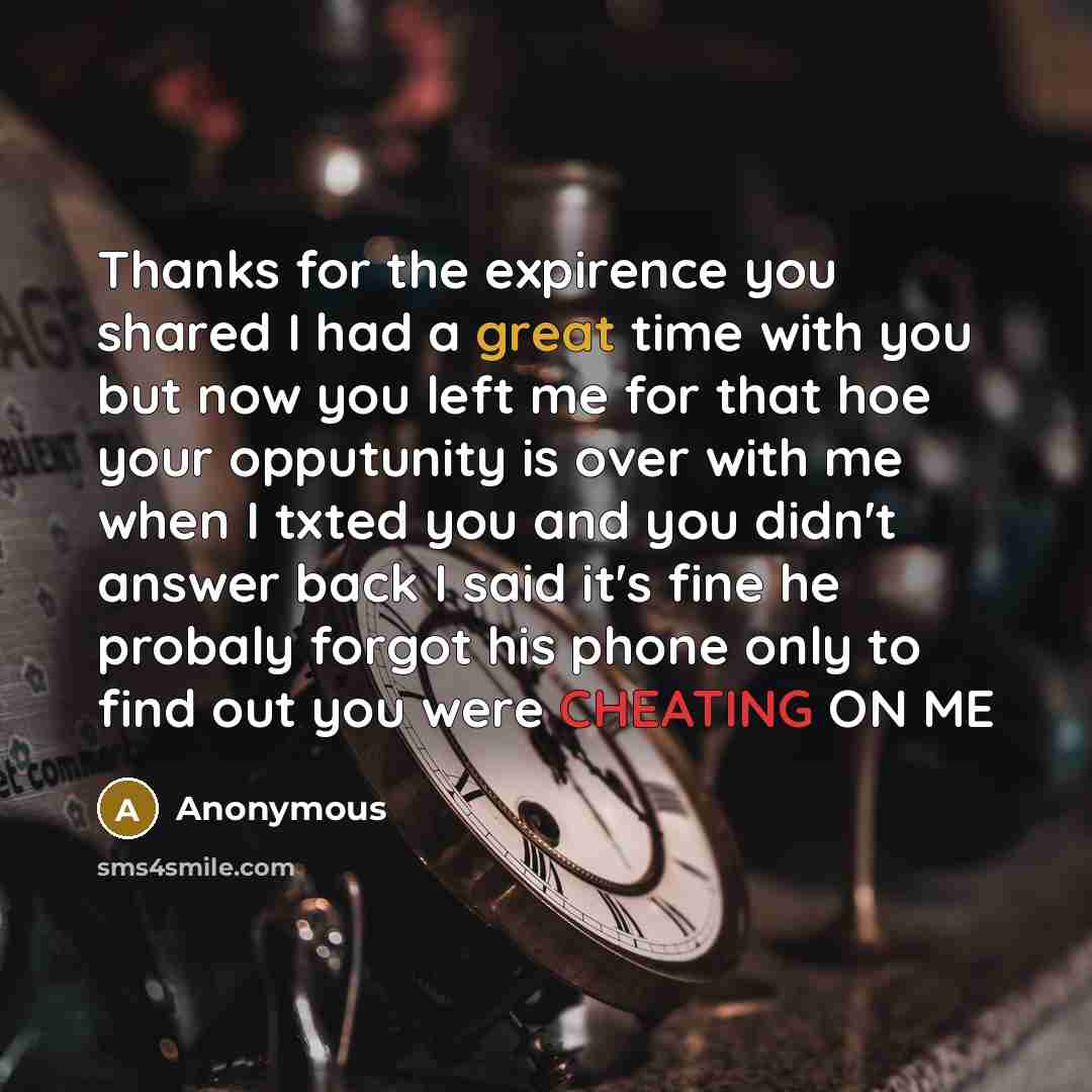 “Thanks for the expirence you shared I had a great time with you but now you left me for that hoe your opputunity is over with me when I txted you and you didn't answer back I said it's fine he probaly forgot his phone only to find out you were CHEATING ON ME” quote by Anonymous