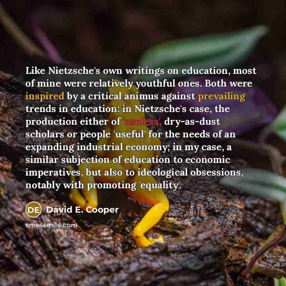 “Like Nietzsche's own writings on education, most of mine were relatively youthful ones. Both were inspired by a critical animus against prevailing trends in education: in Nietzsche's case, the production either of 'useless', dry-as-dust scholars or people 'useful' for the needs of an expanding…” quote by David E. Cooper
