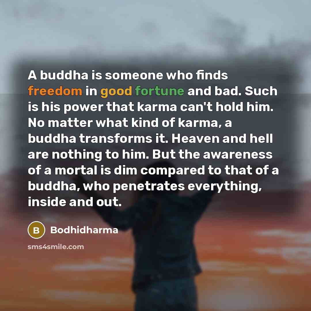 “A buddha is someone who finds freedom in good fortune and bad. Such is his power that karma can't hold him. No matter what kind of karma, a buddha transforms it. Heaven and hell are nothing to him. But the awareness of a mortal is dim compared to that of a buddha, who penetrates everything, inside…” quote by Bodhidharma