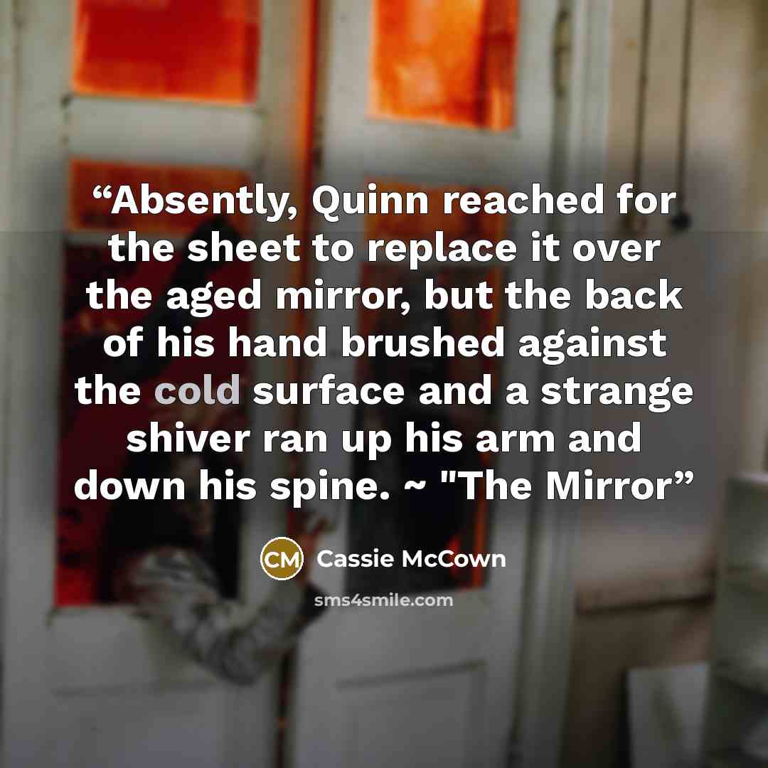 “Absently, Quinn reached for the sheet to replace it over the aged mirror, but the back of his hand brushed against the cold surface and a strange shiver ran up his arm and down his spine. ~ "The Mirror” quote by Cassie McCown
