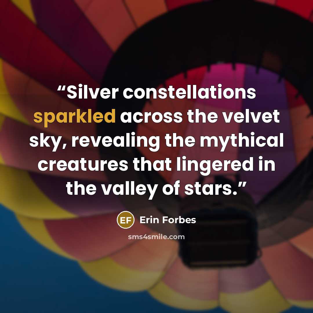 “Silver constellations sparkled across the velvet sky, revealing the mythical creatures that lingered in the valley of stars.” quote by Erin Forbes
