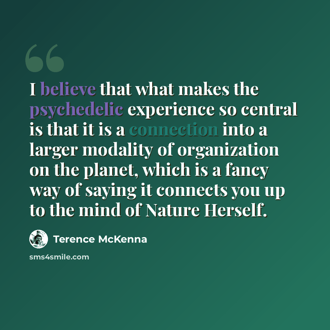 “I believe that what makes the psychedelic experience so central is that it is a connection into a larger modality of organization on the planet, which is a fancy way of saying it connects you up to the mind of Nature Herself.” quote by Terence McKenna