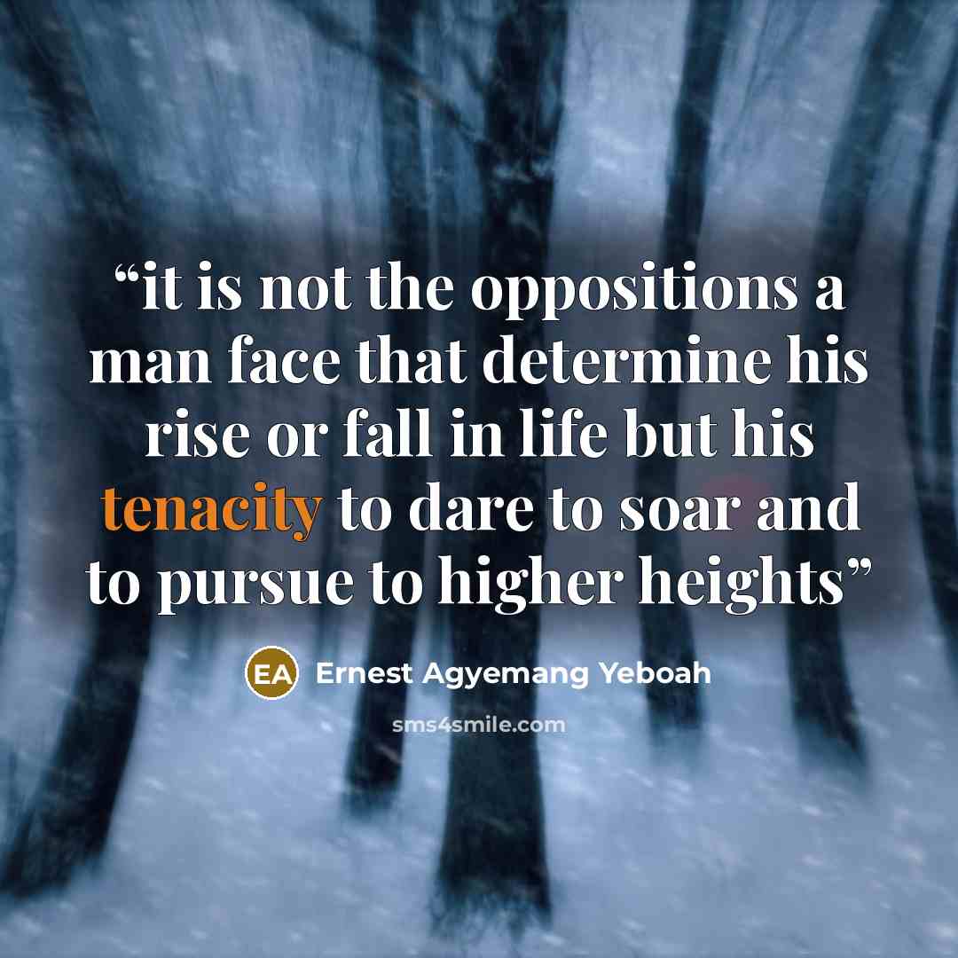“it is not the oppositions a man face that determine his rise or fall in life but his tenacity to dare to soar and to pursue to higher heights” quote by Ernest Agyemang Yeboah