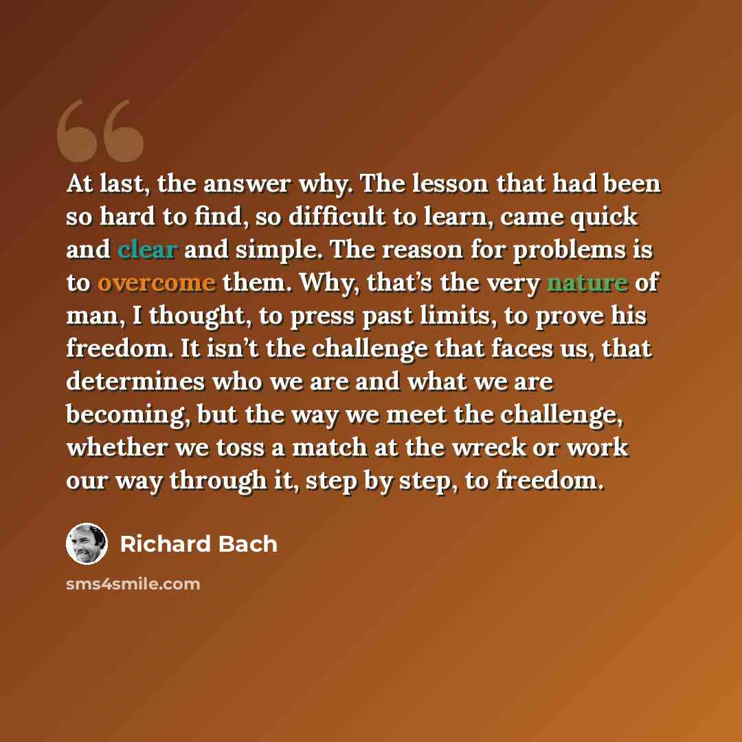 “At last, the answer why. The lesson that had been so hard to find, so difficult to learn, came quick and clear and simple. The reason for problems is to overcome them. Why, that’s the very nature of man, I thought, to press past limits, to prove his freedom. It isn’t the challenge that faces us…” quote by Richard Bach