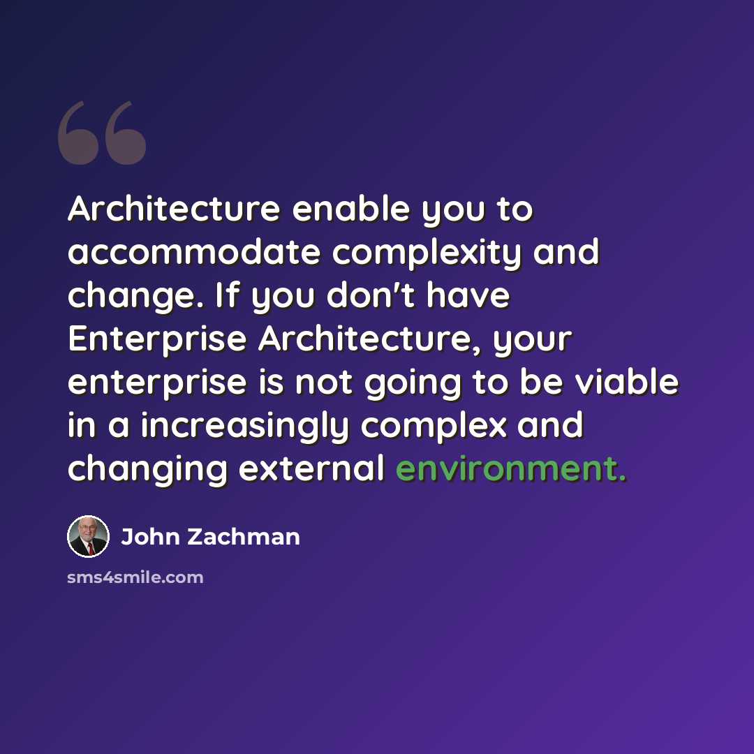 “Architecture enable you to accommodate complexity and change. If you don't have Enterprise Architecture, your enterprise is not going to be viable in a increasingly complex and changing external environment.” quote by John Zachman