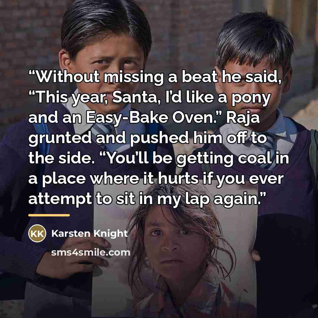 “Without missing a beat he said, “This year, Santa, I’d like a pony and an Easy-Bake Oven.” Raja grunted and pushed him off to the side. “You’ll be getting coal in a place where it hurts if you ever attempt to sit in my lap again.” quote by Karsten Knight