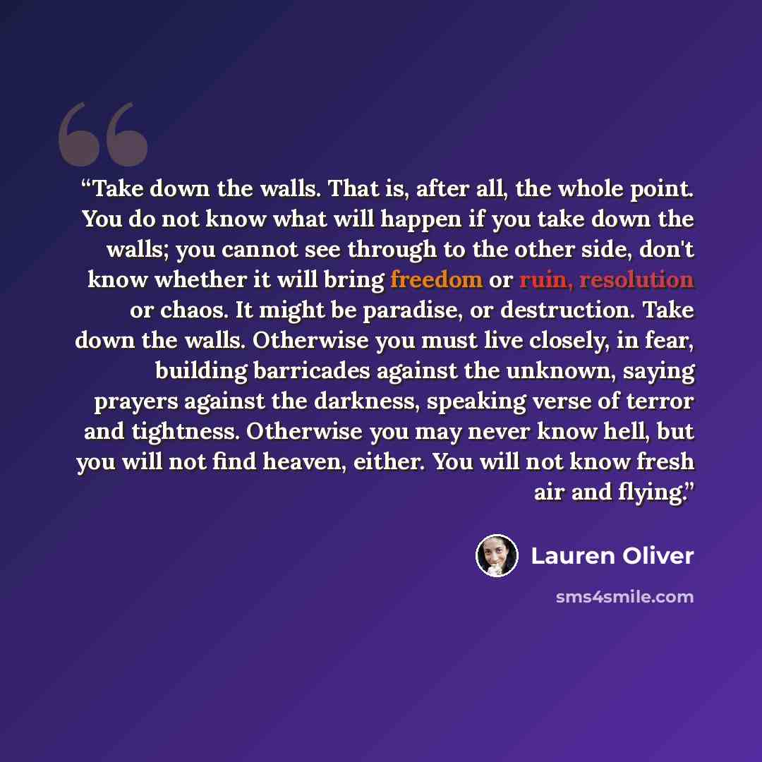 “Take down the walls. That is, after all, the whole point. You do not know what will happen if you take down the walls; you cannot see through to the other side, don't know whether it will bring freedom or ruin, resolution or chaos. It might be paradise, or destruction. Take down the walls…” quote by Lauren Oliver