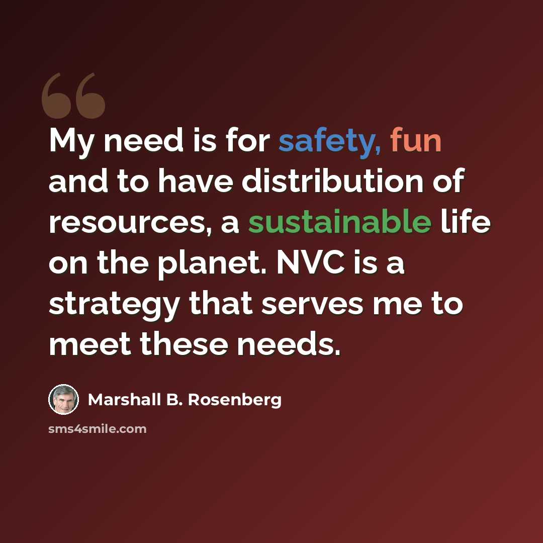 “My need is for safety, fun and to have distribution of resources, a sustainable life on the planet. NVC is a strategy that serves me to meet these needs.” quote by Marshall B. Rosenberg