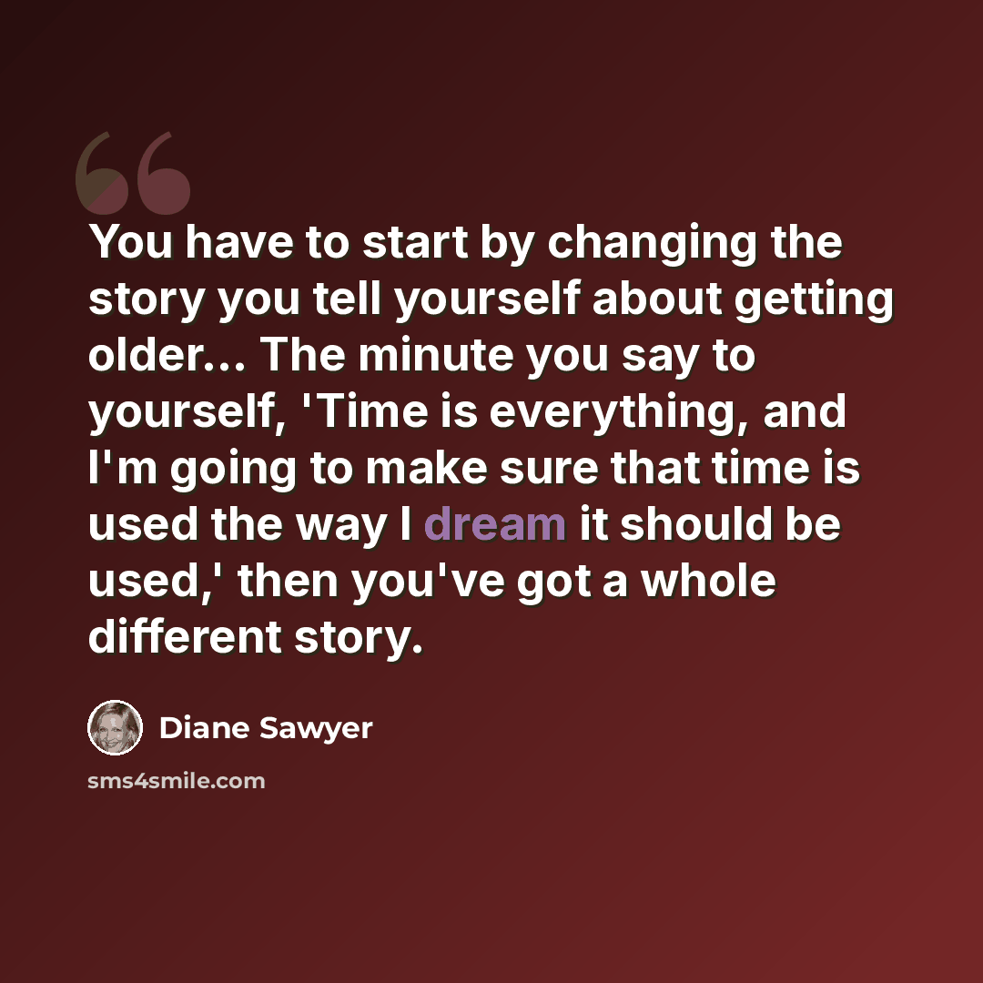 “You have to start by changing the story you tell yourself about getting older... The minute you say to yourself, 'Time is everything, and I'm going to make sure that time is used the way I dream it should be used,' then you've got a whole different story.” quote by Diane Sawyer