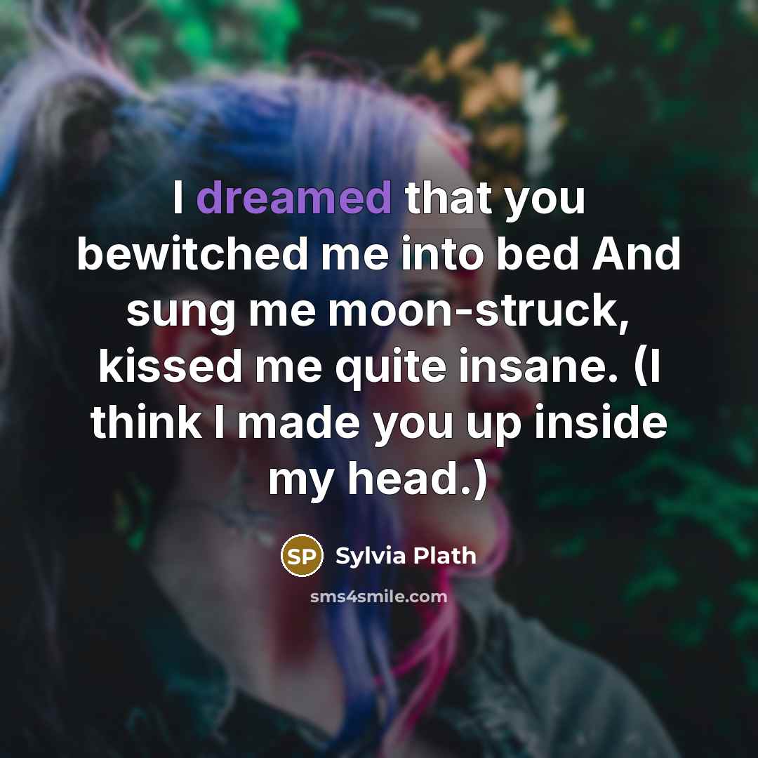 “I dreamed that you bewitched me into bed And sung me moon-struck, kissed me quite insane. (I think I made you up inside my head.)” quote by Sylvia Plath