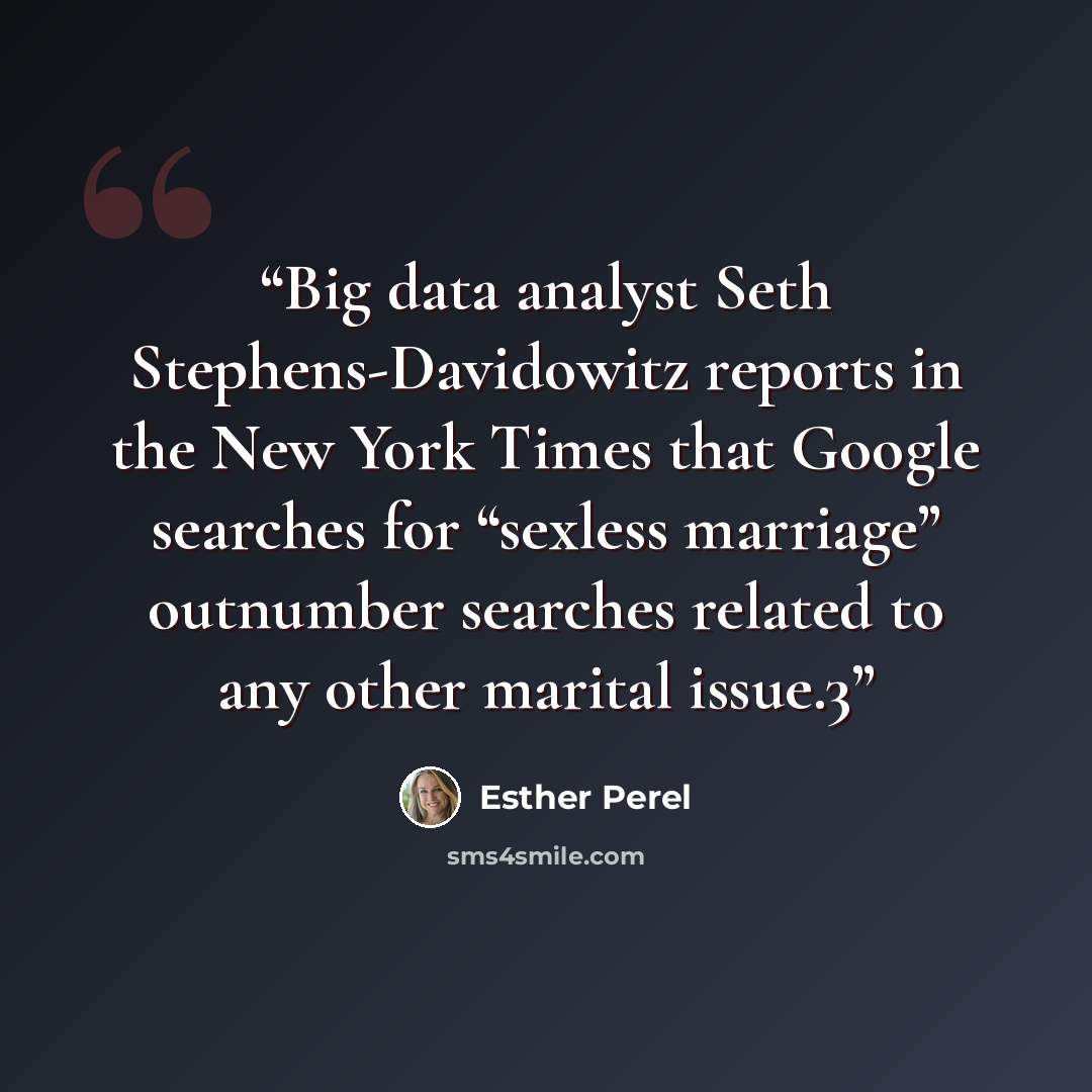 “Big data analyst Seth Stephens-Davidowitz reports in the New York Times that Google searches for “sexless marriage” outnumber searches related to any other marital issue.3” quote by Esther Perel