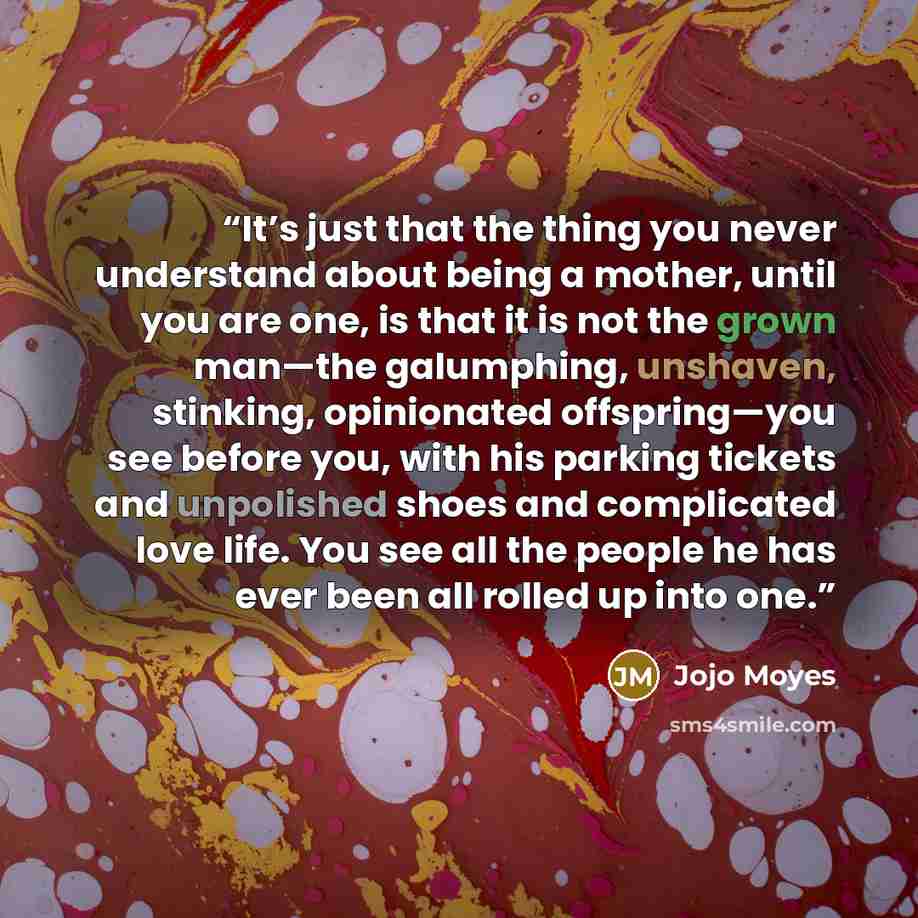 “It’s just that the thing you never understand about being a mother, until you are one, is that it is not the grown man—the galumphing, unshaven, stinking, opinionated offspring—you see before you, with his parking tickets and unpolished shoes and complicated love life. You see all the people he…” quote by Jojo Moyes