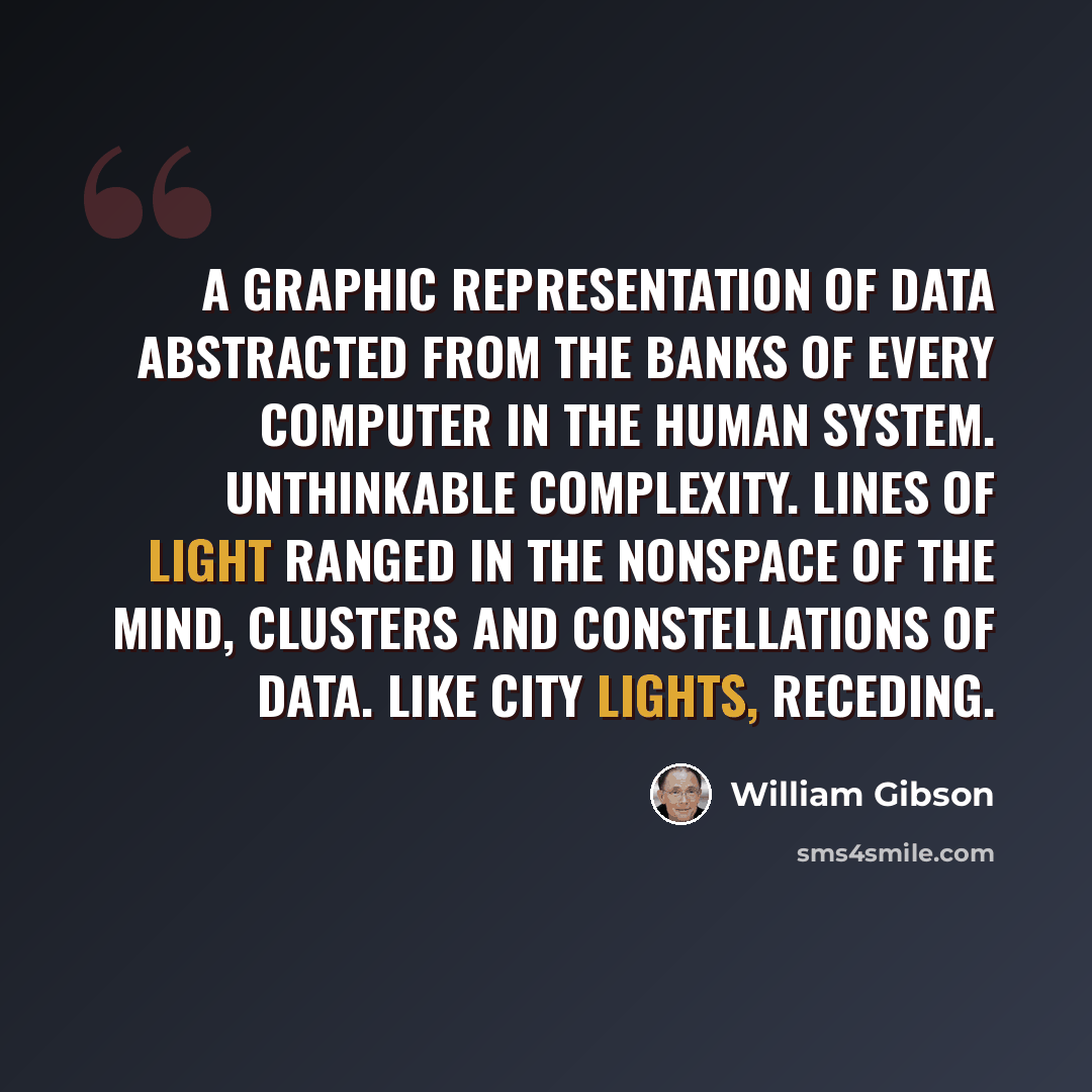 “A graphic representation of data abstracted from the banks of every computer in the human system. Unthinkable complexity. Lines of light ranged in the nonspace of the mind, clusters and constellations of data. Like city lights, receding.” quote by William Gibson
