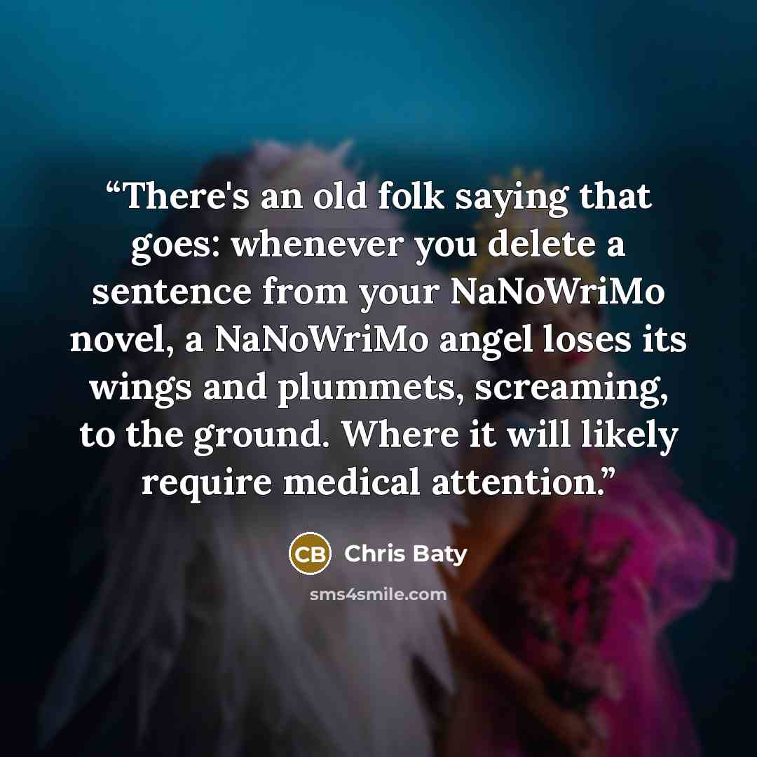 “There's an old folk saying that goes: whenever you delete a sentence from your NaNoWriMo novel, a NaNoWriMo angel loses its wings and plummets, screaming, to the ground. Where it will likely require medical attention.” quote by Chris Baty