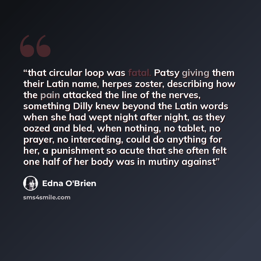 “that circular loop was fatal. Patsy giving them their Latin name, herpes zoster, describing how the pain attacked the line of the nerves, something Dilly knew beyond the Latin words when she had wept night after night, as they oozed and bled, when nothing, no tablet, no prayer, no interceding…” quote by Edna O'Brien