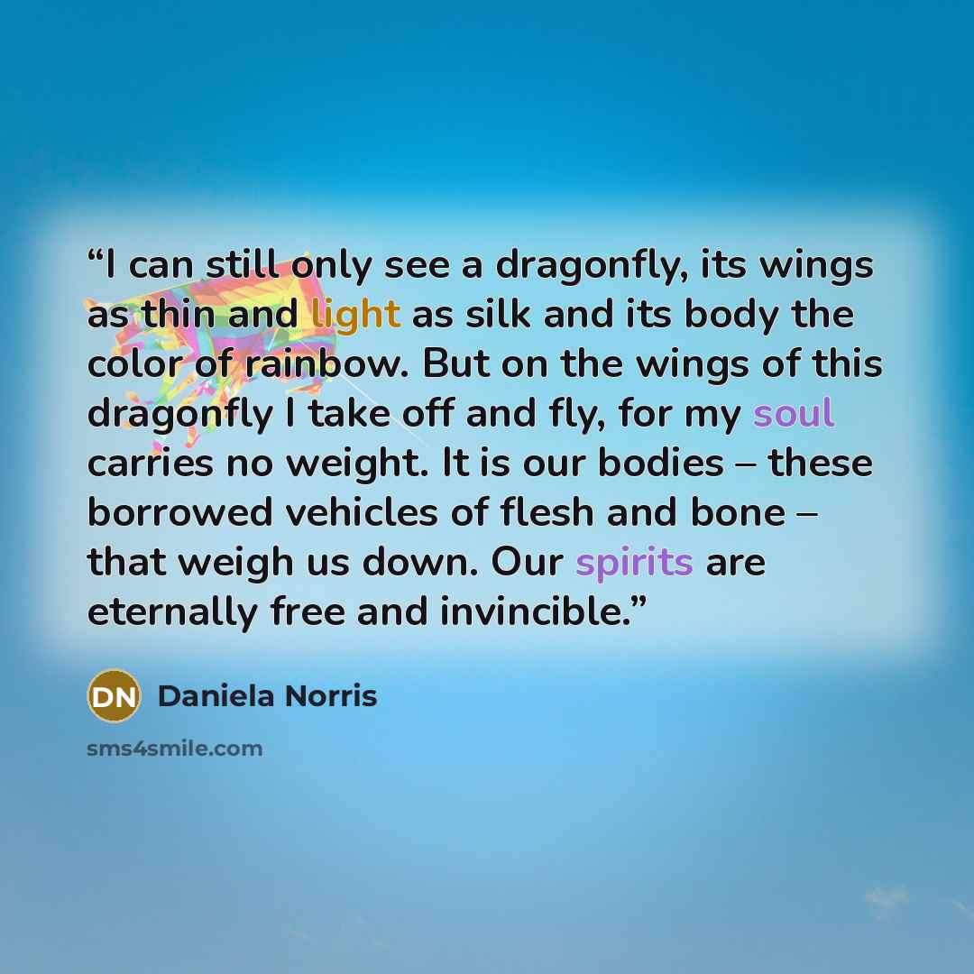 “I can still only see a dragonfly, its wings as thin and light as silk and its body the color of rainbow. But on the wings of this dragonfly I take off and fly, for my soul carries no weight. It is our bodies – these borrowed vehicles of flesh and bone – that weigh us down. Our spirits are…” quote by Daniela Norris