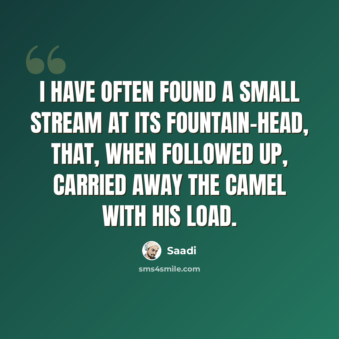 “I have often found a small stream at its fountain-head, that, when followed up, carried away the camel with his load.” quote by Saadi