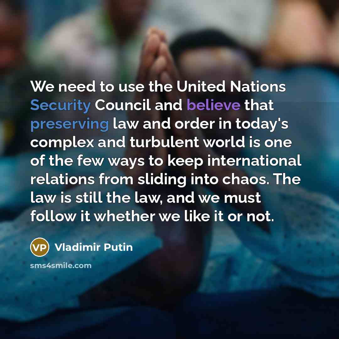 “We need to use the United Nations Security Council and believe that preserving law and order in today's complex and turbulent world is one of the few ways to keep international relations from sliding into chaos. The law is still the law, and we must follow it whether we like it or not.” quote by Vladimir Putin