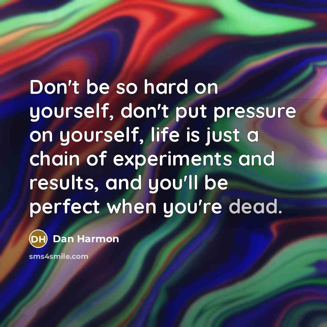 “Don't be so hard on yourself, don't put pressure on yourself, life is just a chain of experiments and results, and you'll be perfect when you're dead.” quote by Dan Harmon