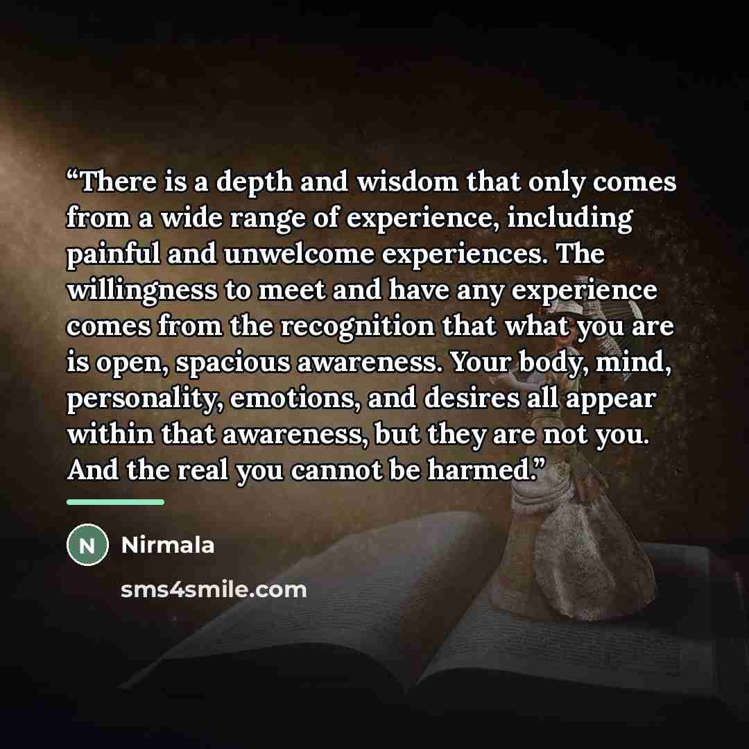 “There is a depth and wisdom that only comes from a wide range of experience, including painful and unwelcome experiences. The willingness to meet and have any experience comes from the recognition that what you are is open, spacious awareness. Your body, mind, personality, emotions, and desires…” quote by Nirmala