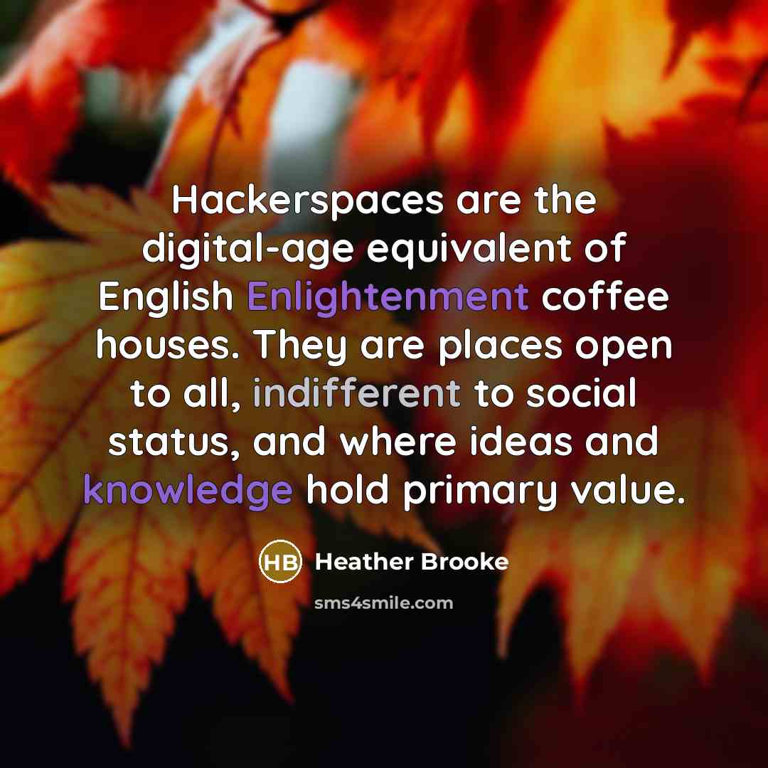 “Hackerspaces are the digital-age equivalent of English Enlightenment coffee houses. They are places open to all, indifferent to social status, and where ideas and knowledge hold primary value.” quote by Heather Brooke