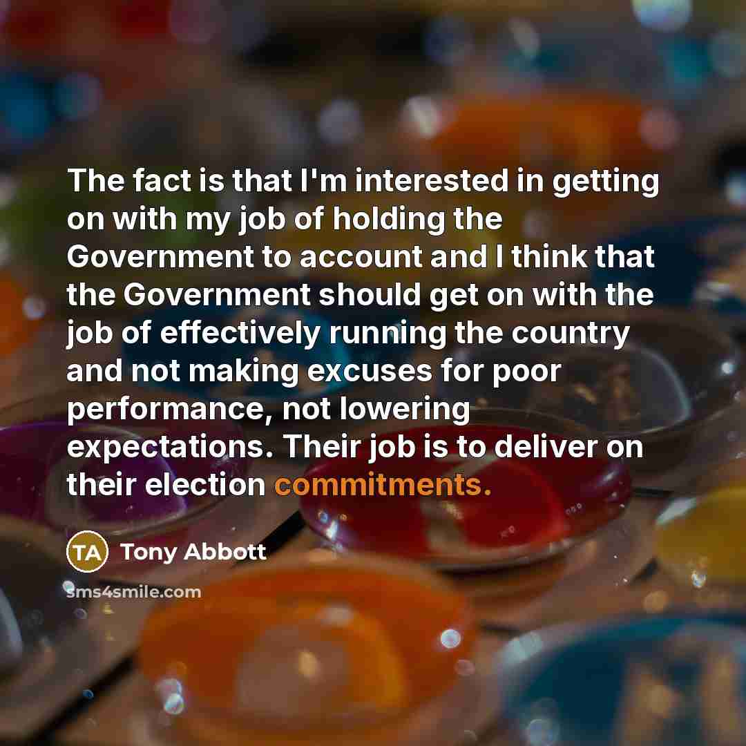 “The fact is that I'm interested in getting on with my job of holding the Government to account and I think that the Government should get on with the job of effectively running the country and not making excuses for poor performance, not lowering expectations. Their job is to deliver on their…” quote by Tony Abbott