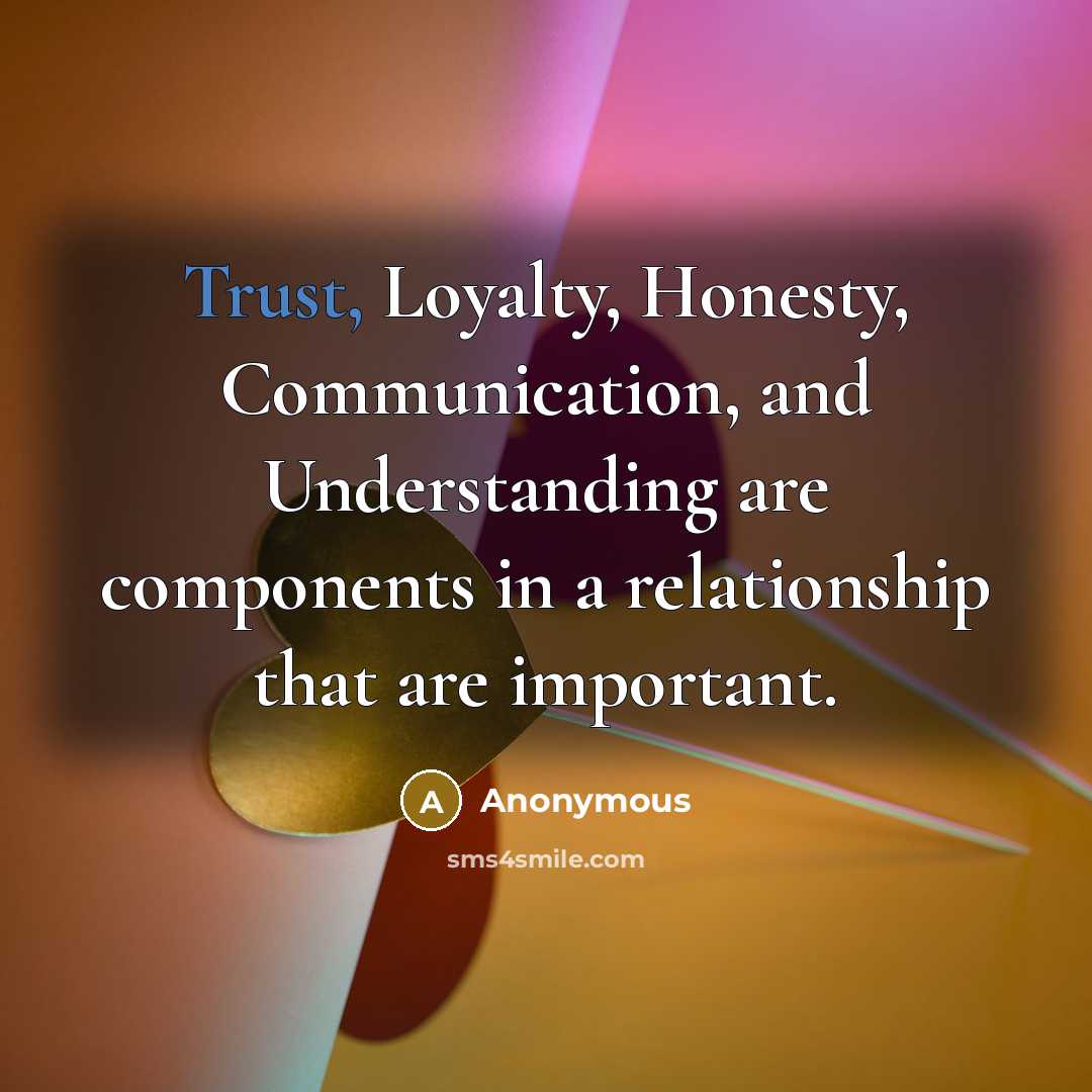 “Trust, Loyalty, Honesty, Communication, and Understanding are components in a relationship that are important.” quote by Anonymous