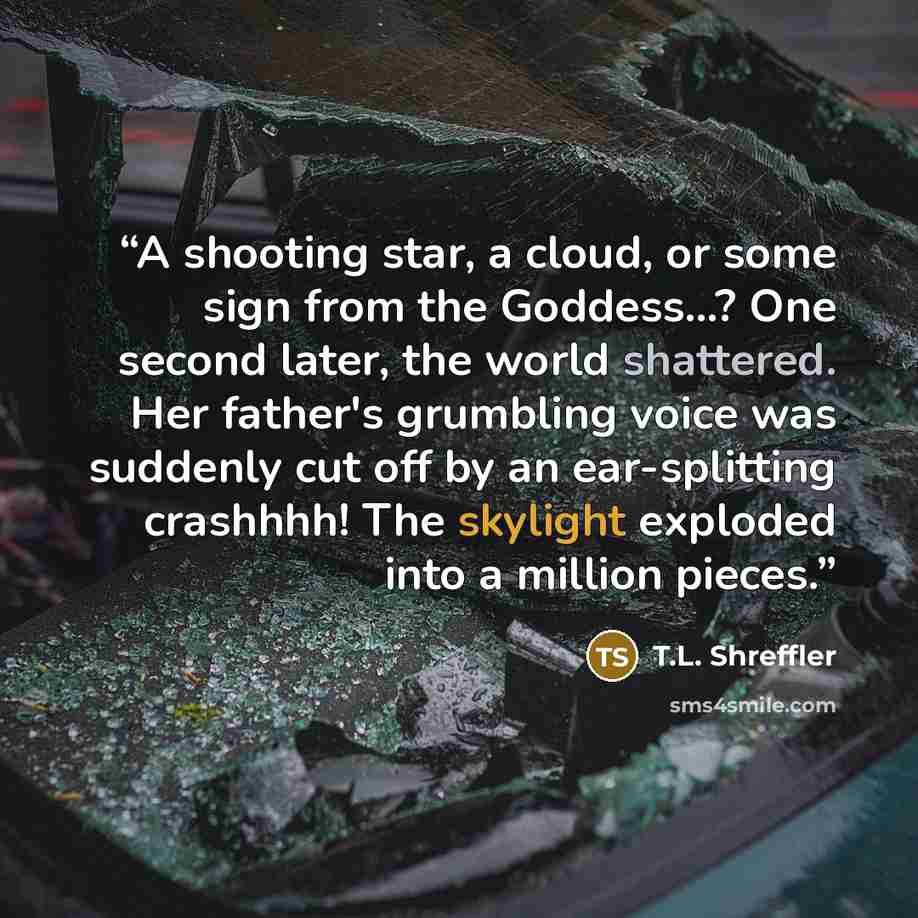 “A shooting star, a cloud, or some sign from the Goddess…? One second later, the world shattered. Her father's grumbling voice was suddenly cut off by an ear-splitting crashhhh! The skylight exploded into a million pieces.” quote by T.L. Shreffler
