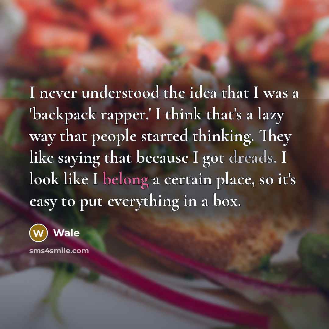 “I never understood the idea that I was a 'backpack rapper.' I think that's a lazy way that people started thinking. They like saying that because I got dreads. I look like I belong a certain place, so it's easy to put everything in a box.” quote by Wale