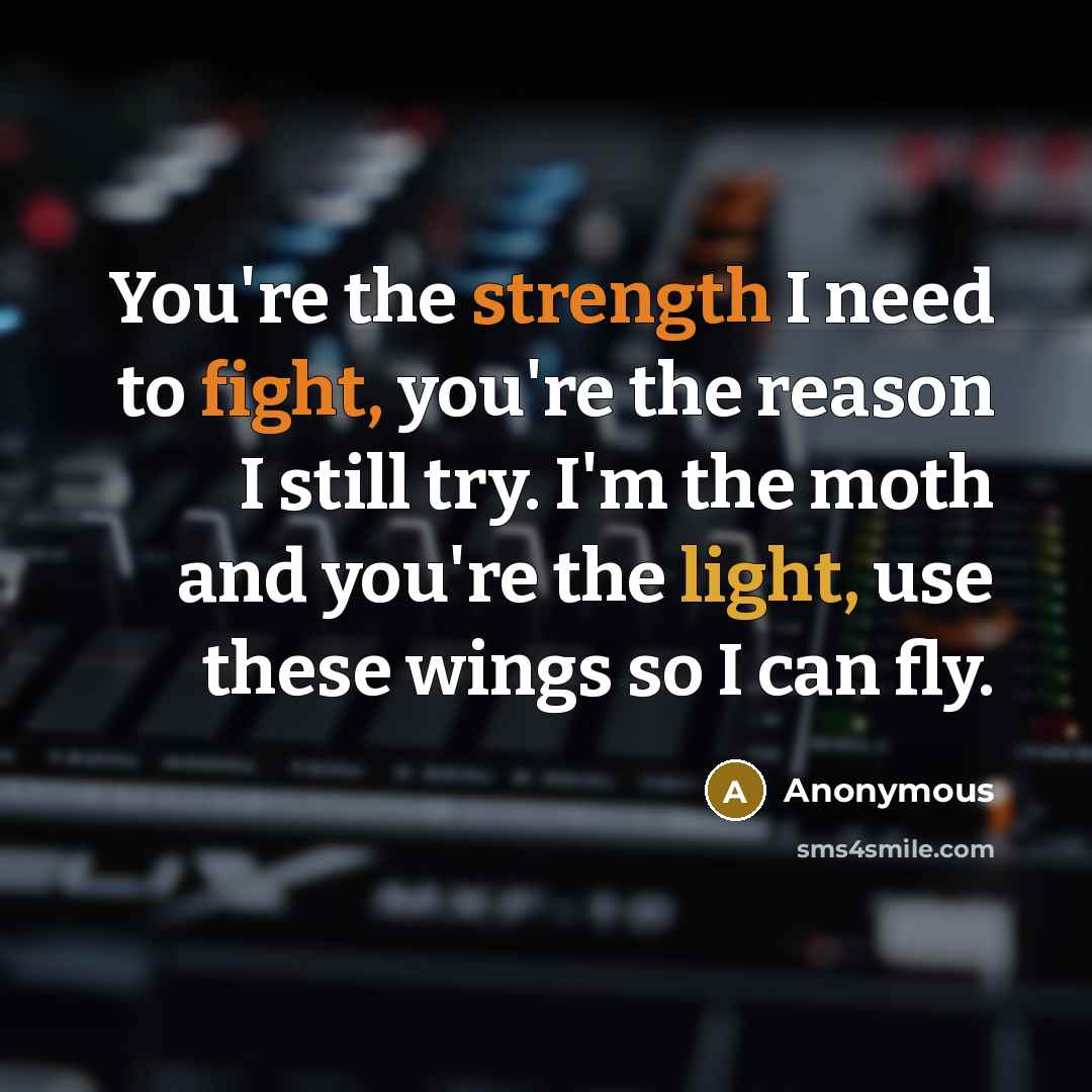 “You're the strength I need to fight, you're the reason I still try. I'm the moth and you're the light, use these wings so I can fly.” quote by Anonymous