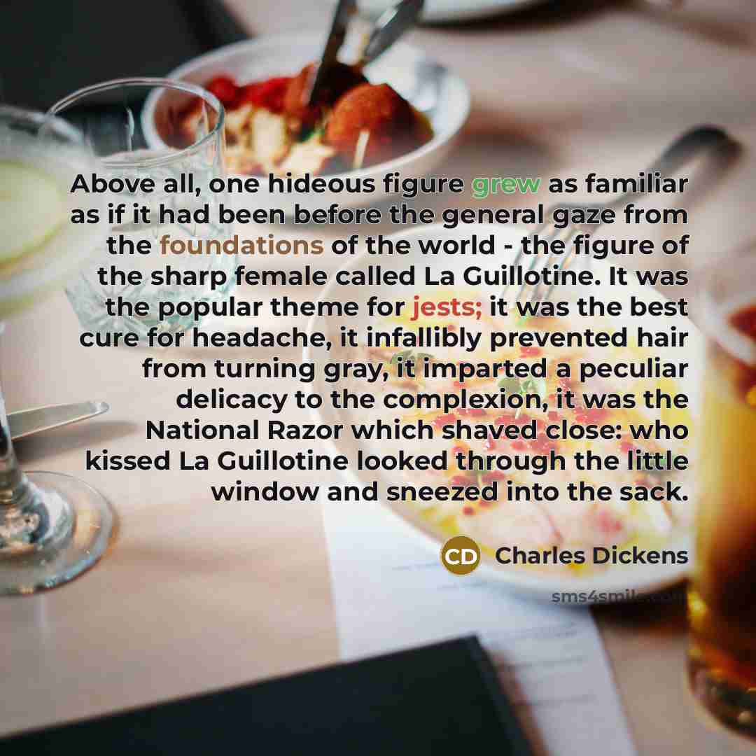 “Above all, one hideous figure grew as familiar as if it had been before the general gaze from the foundations of the world - the figure of the sharp female called La Guillotine. It was the popular theme for jests; it was the best cure for headache, it infallibly prevented hair from turning gray…” quote by Charles Dickens