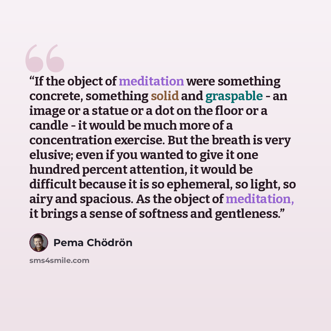 “If the object of meditation were something concrete, something solid and graspable - an image or a statue or a dot on the floor or a candle - it would be much more of a concentration exercise. But the breath is very elusive; even if you wanted to give it one hundred percent attention, it would be…” quote by Pema Chödrön