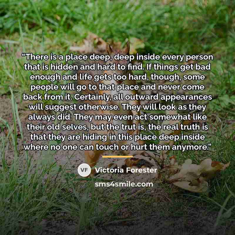 “There is a place deep, deep inside every person that is hidden and hard to find. If things get bad enough and life gets too hard, though, some people will go to that place and never come back from it. Certainly, all outward appearances will suggest otherwise. They will look as they always did…” quote by Victoria Forester