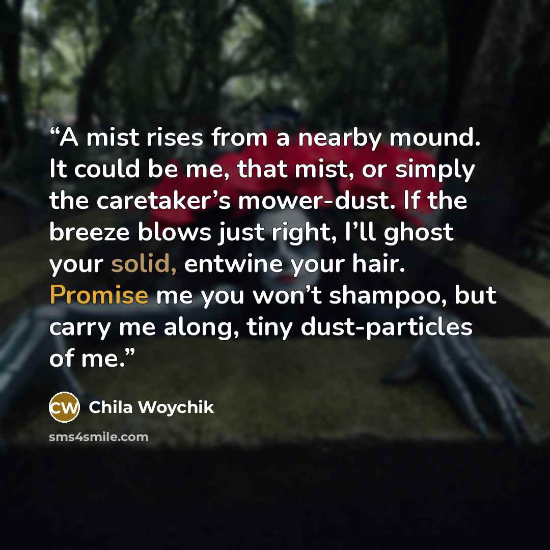 “A mist rises from a nearby mound. It could be me, that mist, or simply the caretaker’s mower-dust. If the breeze blows just right, I’ll ghost your solid, entwine your hair. Promise me you won’t shampoo, but carry me along, tiny dust-particles of me.” quote by Chila Woychik