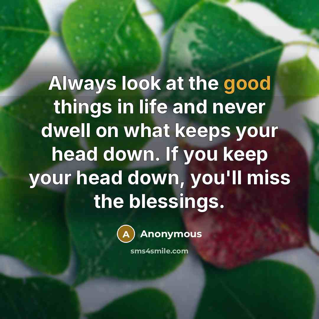 “Always look at the good things in life and never dwell on what keeps your head down. If you keep your head down, you'll miss the blessings.” quote by Anonymous