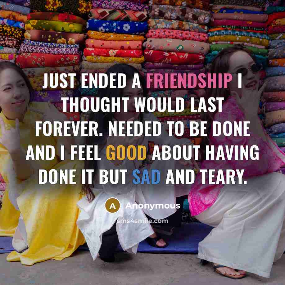 “Just ended a friendship I thought would last forever. Needed to be done and I feel good about having done it but sad and teary.” quote by Anonymous