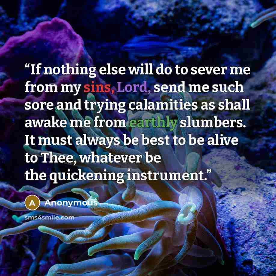 “If nothing else will do to sever me from my sins, Lord, send me such sore and trying calamities as shall awake me from earthly slumbers. It must always be best to be alive to Thee, whatever be the quickening instrument.” quote by Anonymous