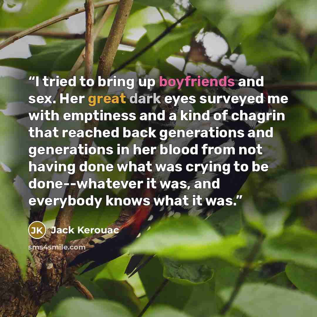 “I tried to bring up boyfriends and sex. Her great dark eyes surveyed me with emptiness and a kind of chagrin that reached back generations and generations in her blood from not having done what was crying to be done--whatever it was, and everybody knows what it was.” quote by Jack Kerouac