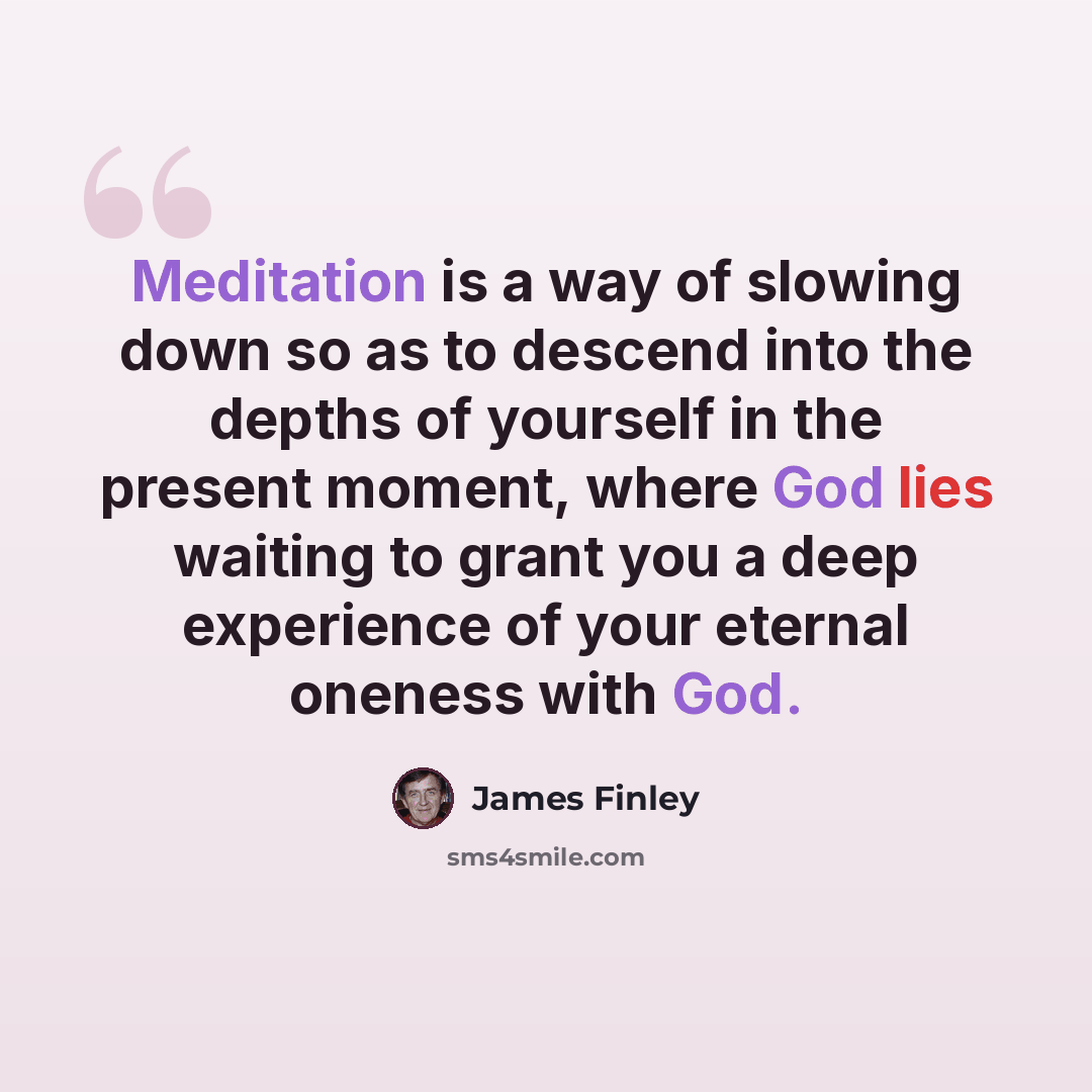 “Meditation is a way of slowing down so as to descend into the depths of yourself in the present moment, where God lies waiting to grant you a deep experience of your eternal oneness with God.” quote by James Finley